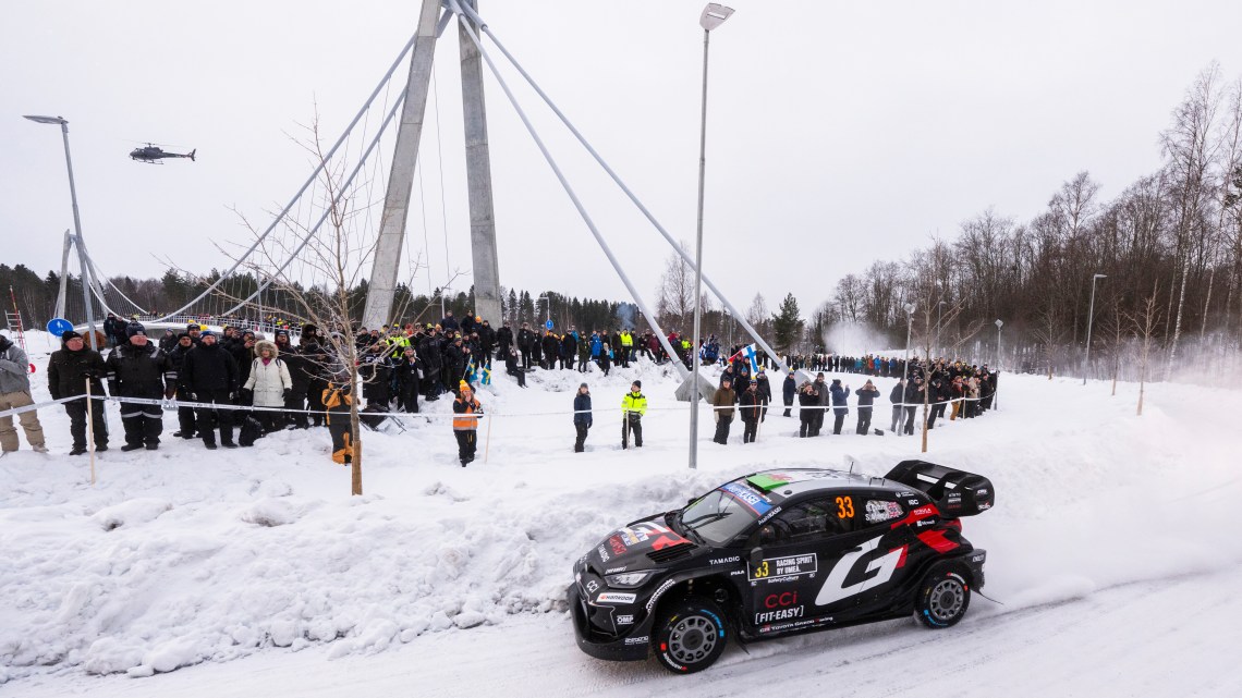 Elfyn Evans (GB) Scott Martin (GB) Of team TOYOTA GAZOO RACING WRT are seen performing during the World Rally Championship Sweden in Umea, Sweden on 13,February. 2025 // Jaanus Ree / Red Bull Content Pool // SI202502130315 // Usage for editorial use only //