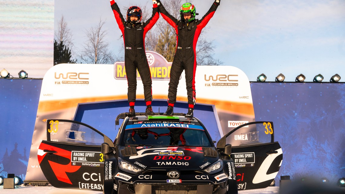 Elfyn Evans (GB) Scott Martin (GB) Of team TOYOTA GAZOO RACING WRT celebrate on the podium in first place after winning the World Rally Championship in Umea, Sweden on 16.02.2025 // Jaanus Ree / Red Bull Content Pool // SI202502160250 // Usage for editorial use only // Katsuta