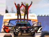 Elfyn Evans (GB) Scott Martin (GB) Of team TOYOTA GAZOO RACING WRT celebrate on the podium in first place after winning the World Rally Championship in Umea, Sweden on 16.02.2025 // Jaanus Ree / Red Bull Content Pool // SI202502160250 // Usage for editorial use only // Katsuta